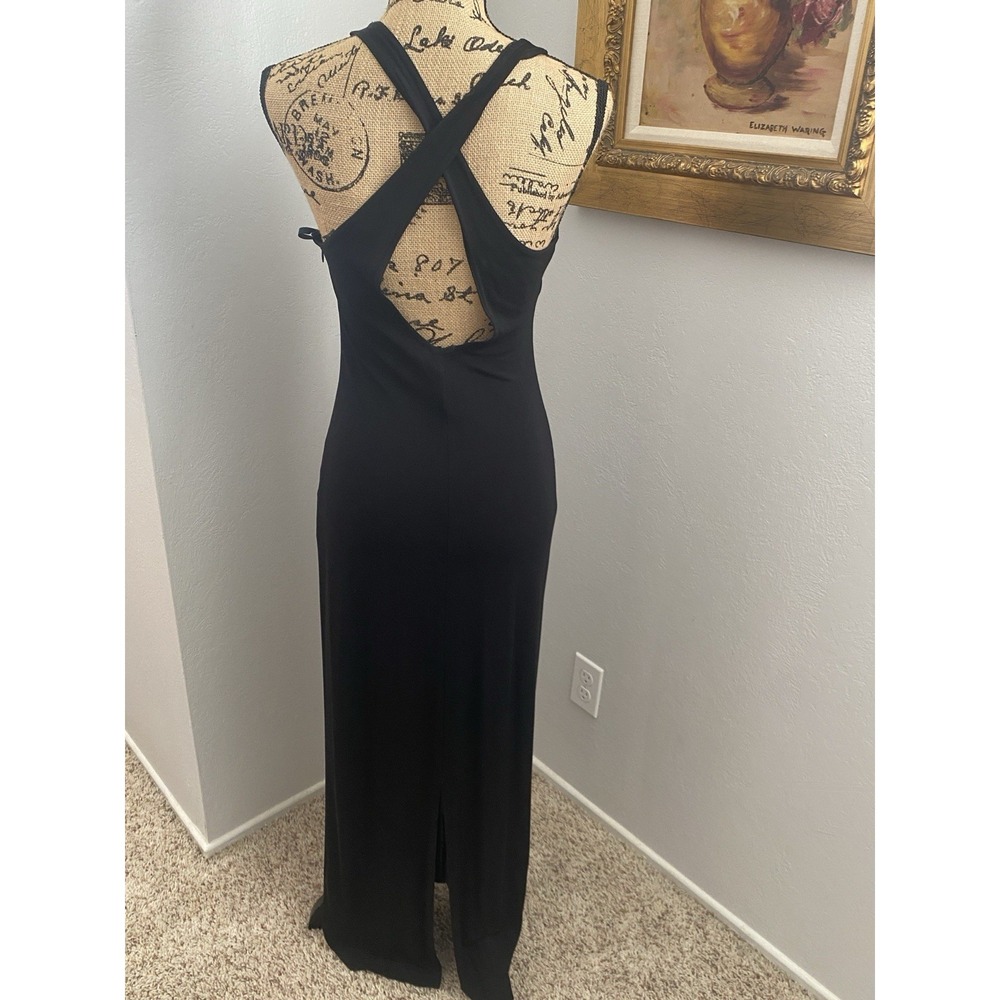 David Meister Black V-Neck Evening Gown Beaded Draped Back Maxi Dress Size 6 - Picture 3 of 6